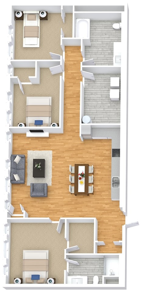 Floor plan for 3 beds, 2 baths, 1153 sqft